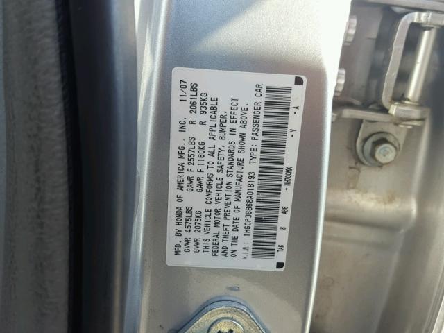 1HGCP36868A018193 - 2008 HONDA ACCORD EXL SILVER photo 10