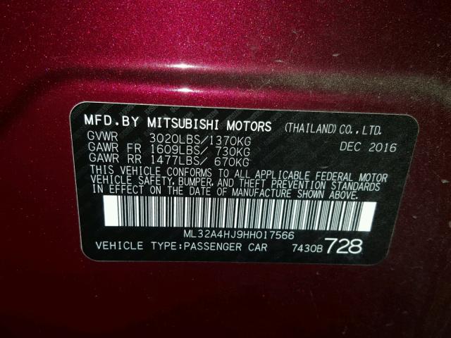 ML32A4HJ9HH017566 - 2017 MITSUBISHI MIRAGE SE BURGUNDY photo 10