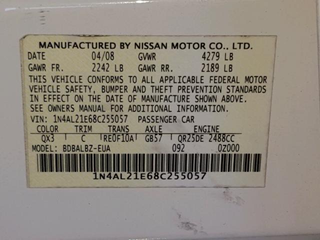 1N4AL21E68C255057 - 2008 NISSAN ALTIMA WHITE photo 10