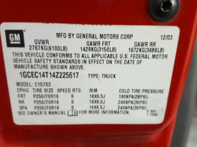 1GCEC14T14Z225617 - 2004 CHEVROLET SILVERADO RED photo 10