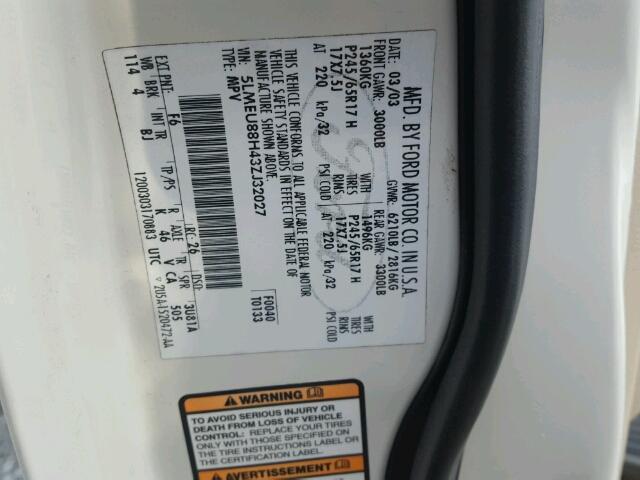 5LMEU88H43ZJ32027 - 2003 LINCOLN AVIATOR 白色 照片 10