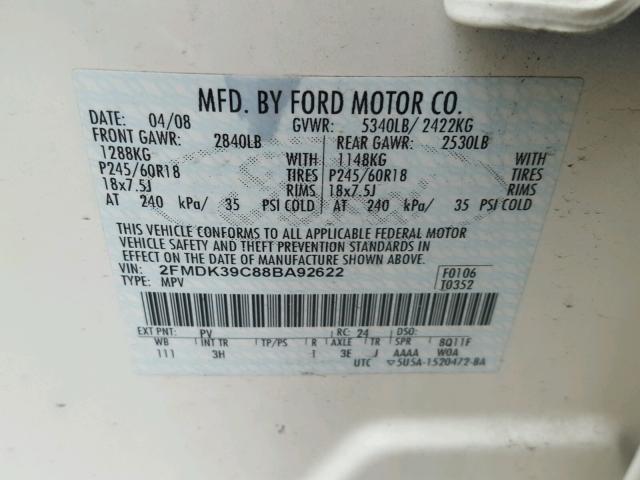 2FMDK39C88BA92622 - 2008 FORD EDGE LIMIT CREAM photo 10