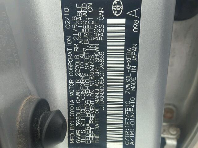 JTDKN3DU5A0126865 - 2010 TOYOTA PRIUS GRAY photo 10