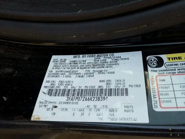 3FAFP07Z66R238394 - 2006 FORD FUSION SE BLACK photo 10