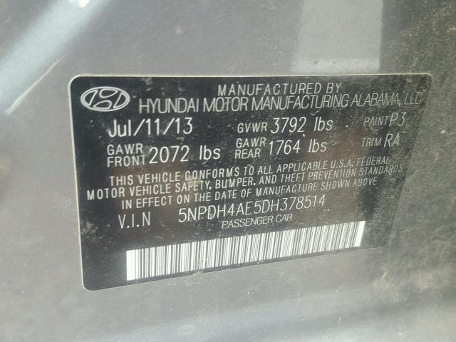 5NPDH4AE5DH378514 - 2013 HYUNDAI ELANTRA GL GRAY photo 10