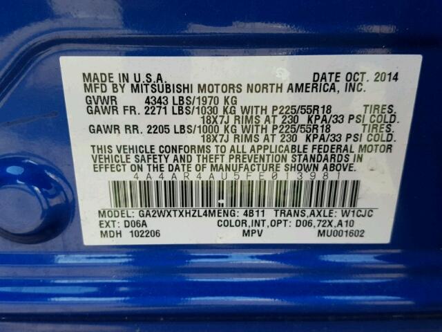 4A4AR4AU5FE013981 - 2015 MITSUBISHI OUTLANDER BLUE photo 10