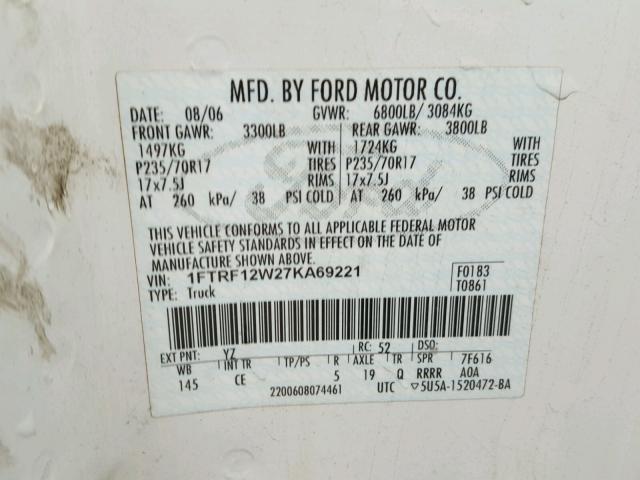 1FTRF12W27KA69221 - 2007 FORD F150 WHITE photo 10