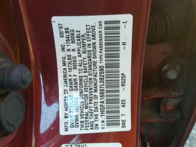 1HGFA16897L082590 - 2007 HONDA CIVIC EX მუქწითელი ფოტო 10