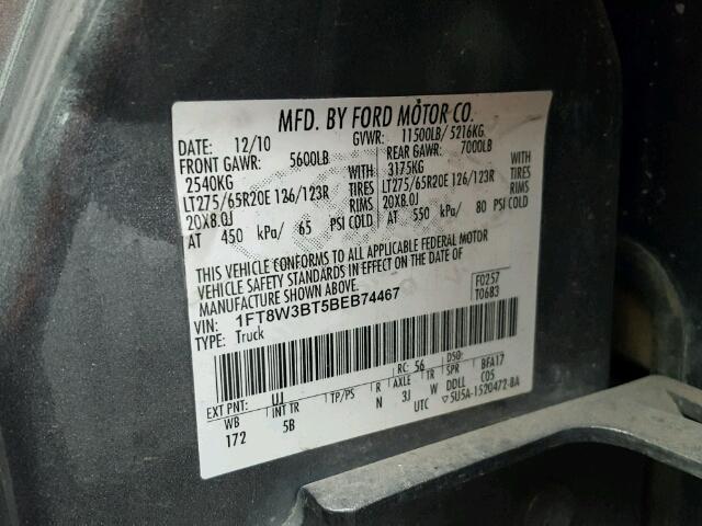 1FT8W3BT5BEB74467 - 2011 FORD F350 SUPER GRAY photo 10