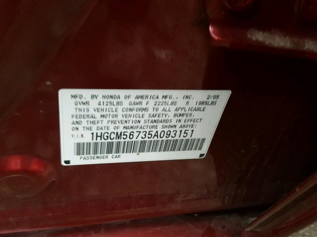 1HGCM56735A093151 - 2005 HONDA ACCORD EX MAROON photo 10