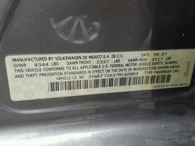 3VWEF71K37M162884 - 2007 VOLKSWAGEN JETTA WOLF GRAY photo 10