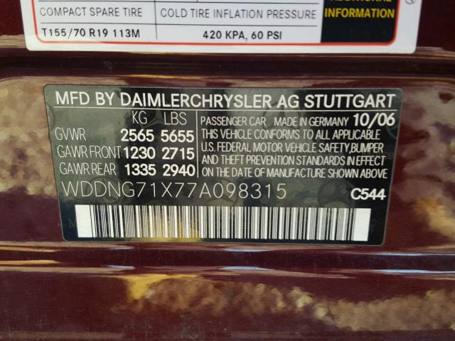 WDDNG71X77A098315 - 2007 MERCEDES-BENZ S MAROON photo 10