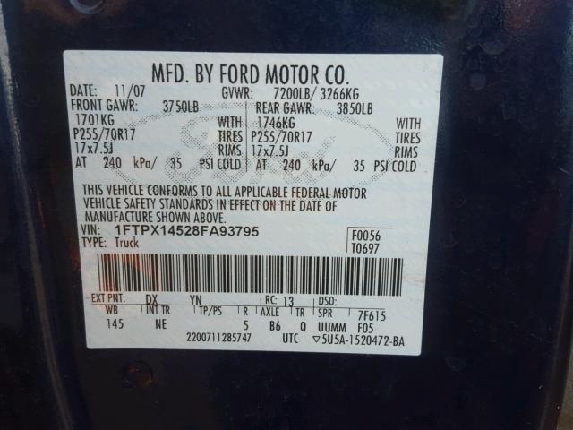 1FTPX14528FA93795 - 2008 FORD F150 BLUE photo 10