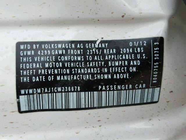 WVWDM7AJ1CW236678 - 2012 VOLKSWAGEN GOLF WHITE photo 10