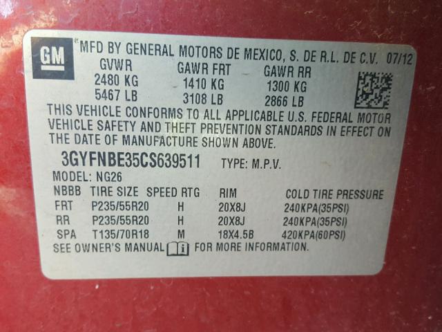 3GYFNBE35CS639511 - 2012 CADILLAC SRX PERFOR RED photo 10