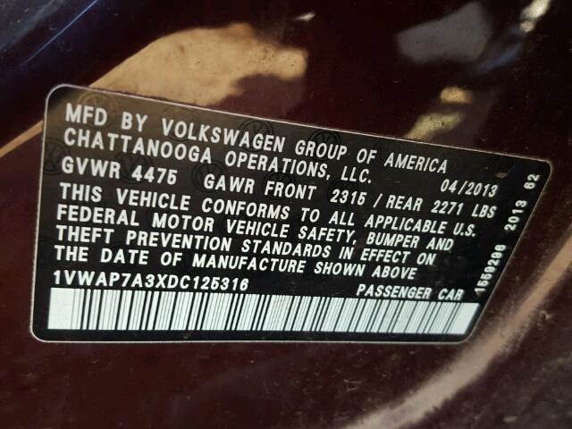 1VWAP7A3XDC125316 - 2013 VOLKSWAGEN PASSAT S მუქწითელი ფოტო 10