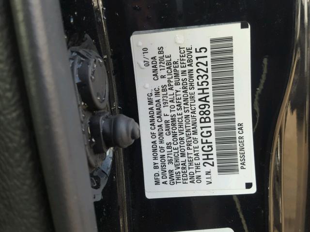 2HGFG1B89AH532215 - 2010 HONDA CIVIC EX BLACK photo 10