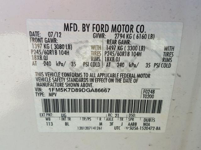 1FM5K7D89DGA86667 - 2013 FORD EXPLORER X WHITE photo 10