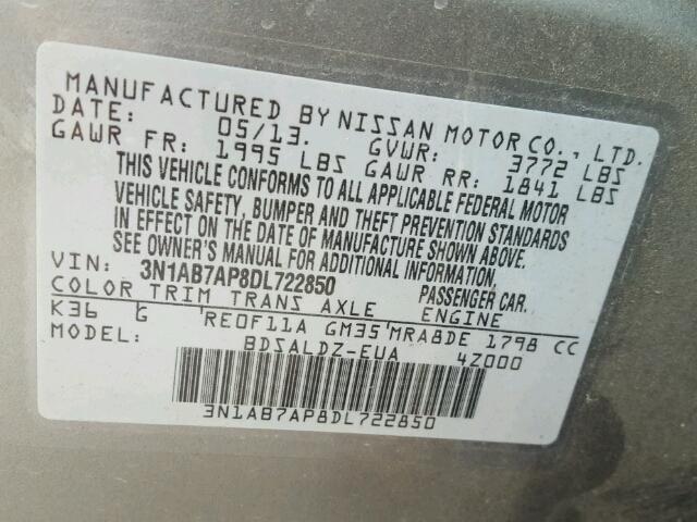 3N1AB7AP8DL722850 - 2013 NISSAN SENTRA S GRAY photo 10