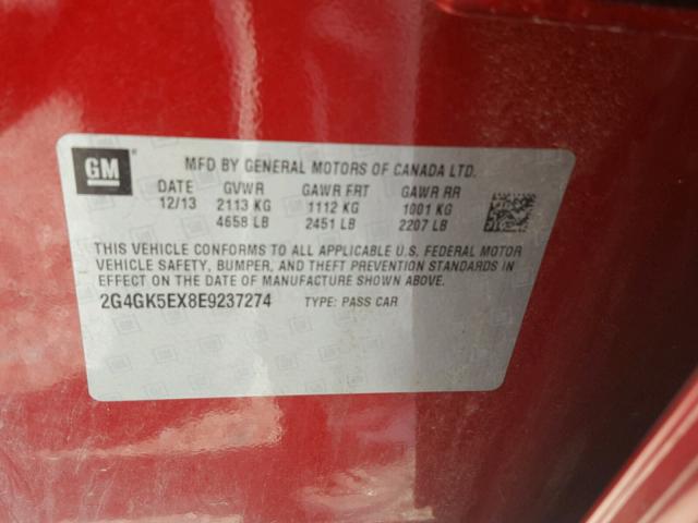 2G4GK5EX8E9237274 - 2014 BUICK REGAL RED photo 10