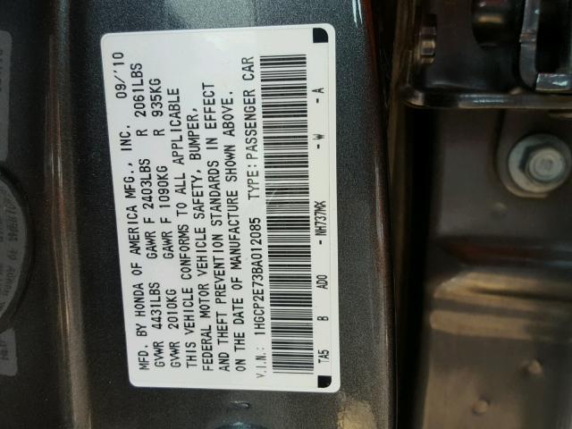 1HGCP2E73BA012085 - 2011 HONDA ACCORD CHARCOAL photo 10