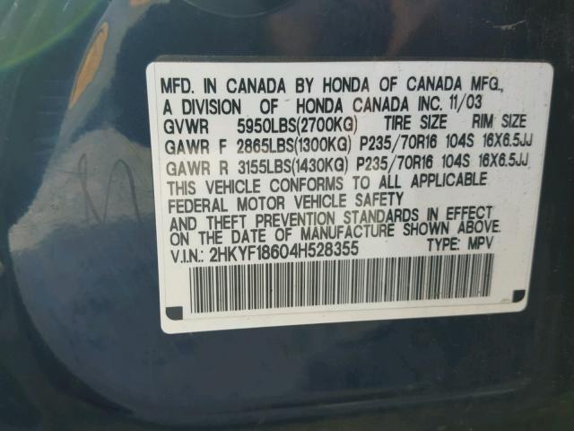 2HKYF18604H528355 - 2004 HONDA PILOT EXL BLUE photo 10