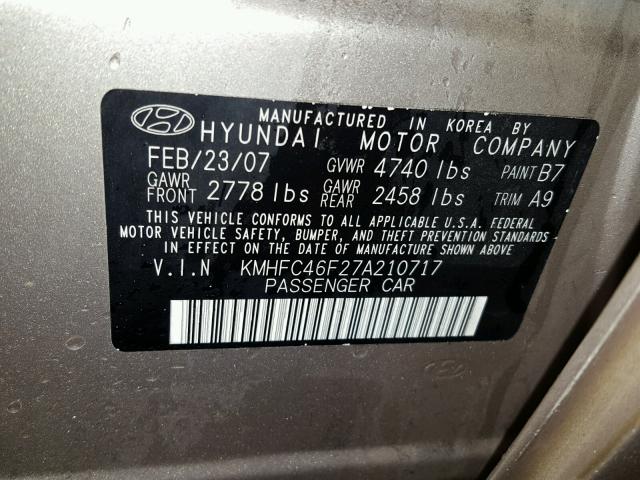 KMHFC46F27A210717 - 2007 HYUNDAI AZERA SE TAN photo 10