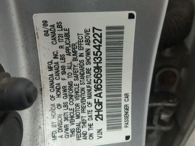 2HGFA16569H354227 - 2009 HONDA CIVIC LX SILVER photo 10