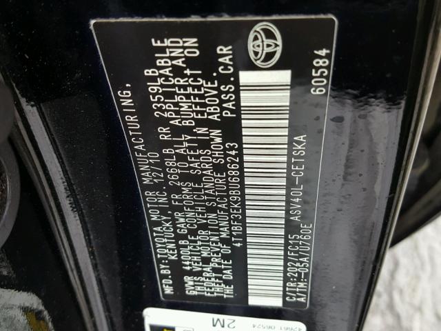 4T1BF3EK9BU686243 - 2011 TOYOTA CAMRY BASE BLACK photo 10