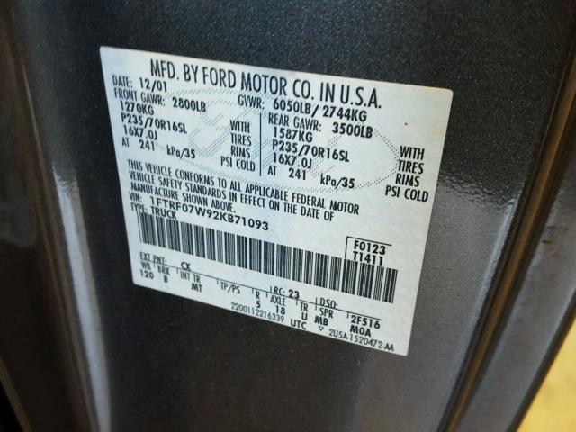 1FTRF07W92KB71093 - 2002 FORD F150 GRAY photo 10