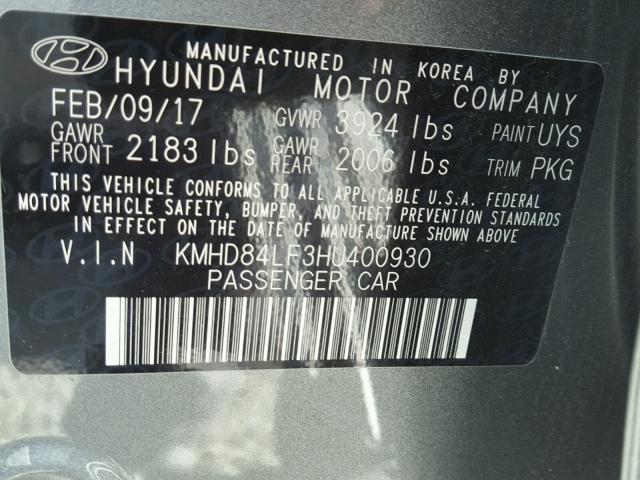 KMHD84LF3HU400930 - 2017 HYUNDAI ELANTRA SE GRAY photo 10