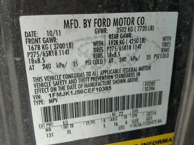 1FMJK1J56CEF10385 - 2012 FORD EXPEDITION GRAY photo 10