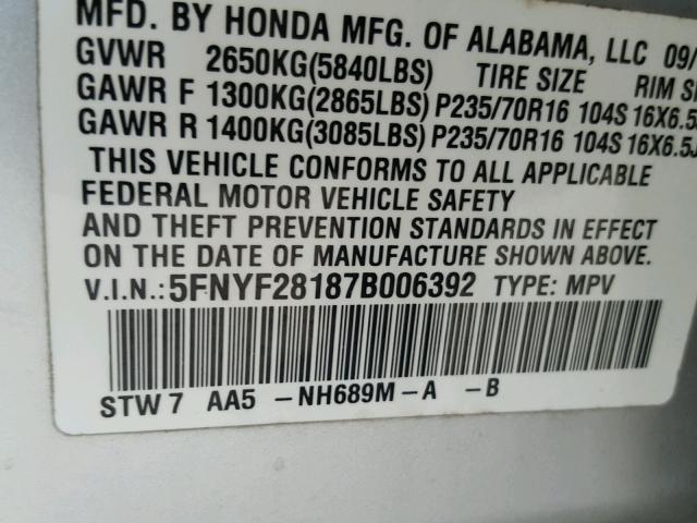 5FNYF28187B006392 - 2007 HONDA PILOT LX SILVER photo 10