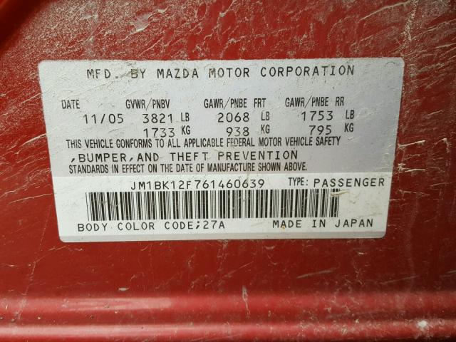 JM1BK12F761460639 - 2006 MAZDA 3 I RED photo 10