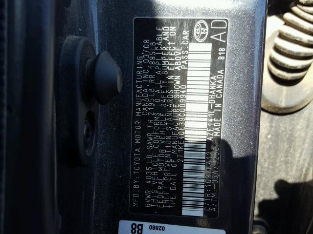 2T1KE40E39C009940 - 2009 TOYOTA COROLLA MA CHARCOAL photo 10