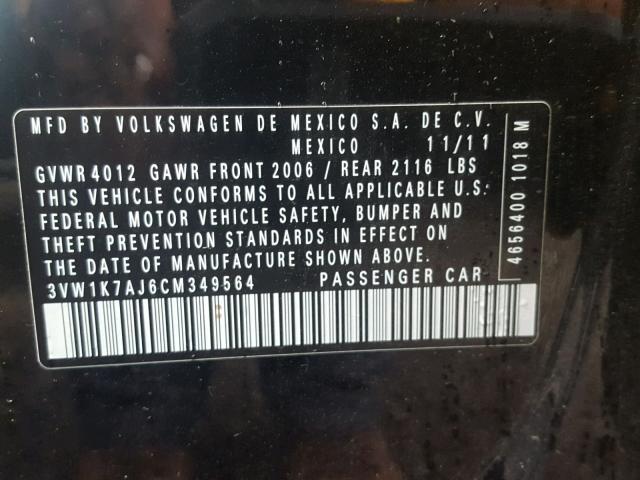 3VW1K7AJ6CM349564 - 2012 VOLKSWAGEN JETTA BASE BLACK photo 10