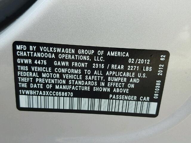 1VWBH7A3XCC058670 - 2012 VOLKSWAGEN PASSAT SE SILVER photo 10