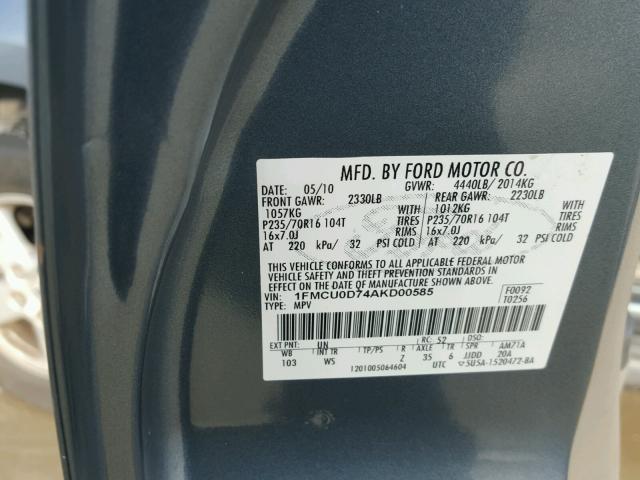 1FMCU0D74AKD00585 - 2010 FORD ESCAPE XLT BLUE photo 10