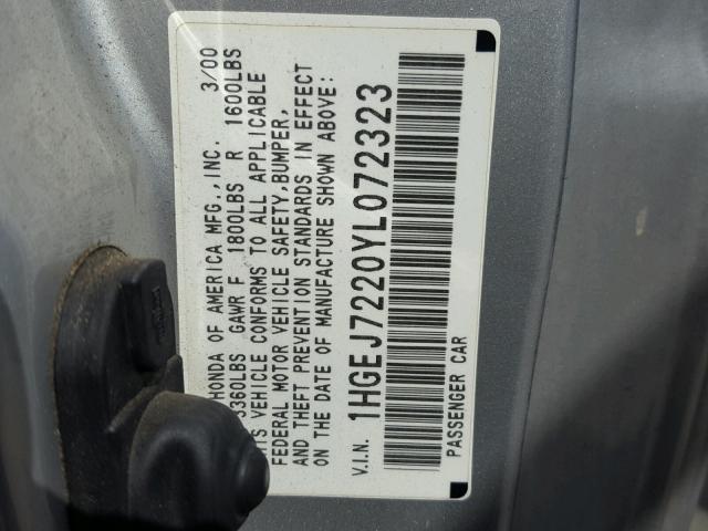 1HGEJ7220YL072323 - 2000 HONDA CIVIC HX SILVER photo 10