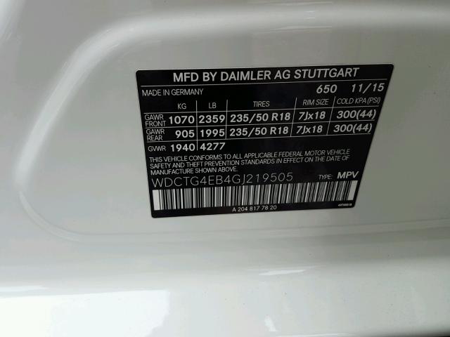 WDCTG4EB4GJ219505 - 2016 MERCEDES-BENZ GLA WHITE photo 10