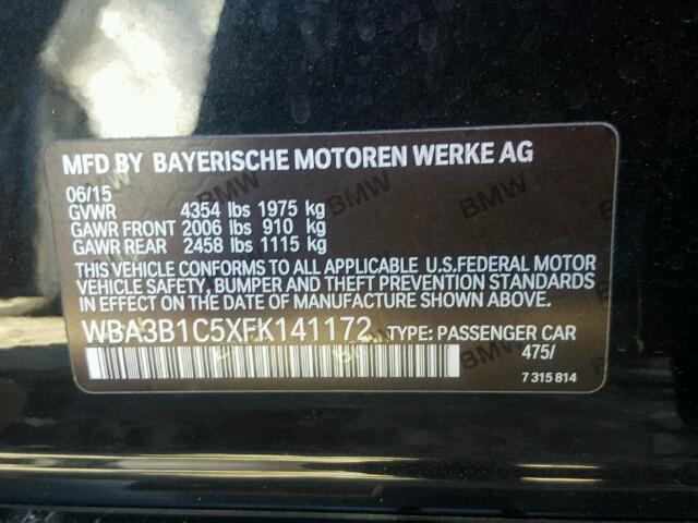 WBA3B1C5XFK141172 - 2015 BMW 320 I BLACK photo 10