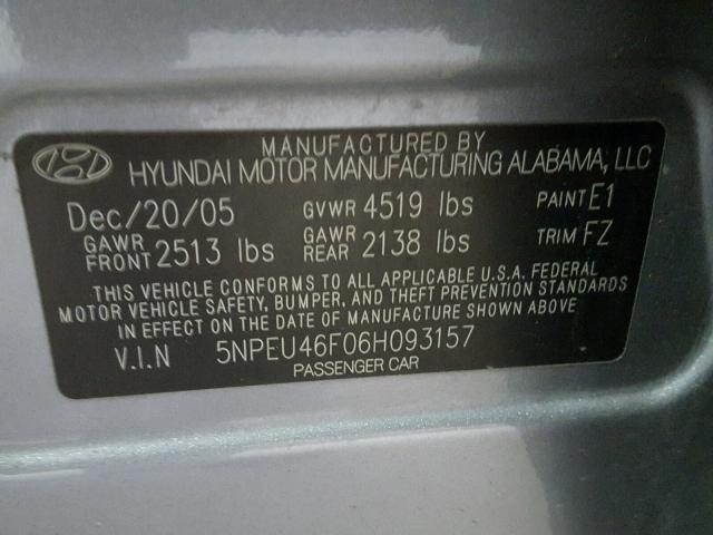 5NPEU46F06H093157 - 2006 HYUNDAI SONATA GLS GRAY photo 10