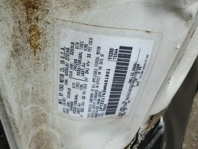 1FTZX1763WNA51801 - 1998 FORD F150 WHITE photo 10