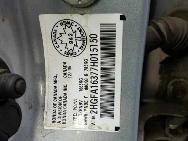 2HGFA16377H015150 - 2007 HONDA CIVIC DX SILVER photo 10