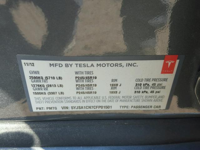 5YJSA1CN7CFP01501 - 2012 TESLA MODEL S Մոխրագույն լուսանկար 10