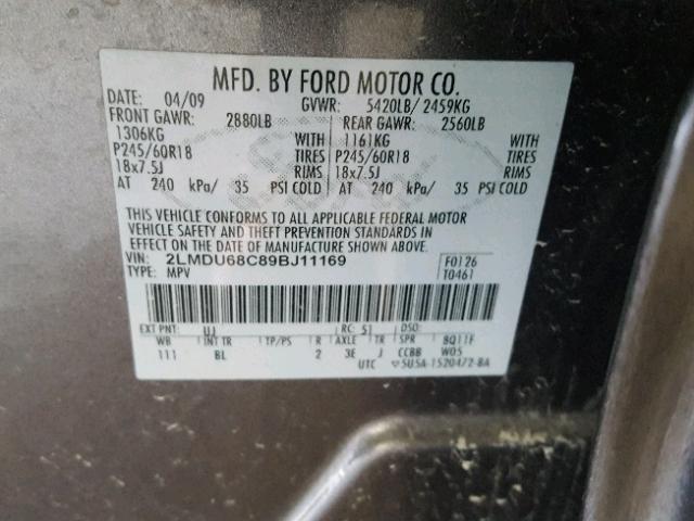 2LMDU68C89BJ11169 - 2009 LINCOLN MKX GRAY photo 10