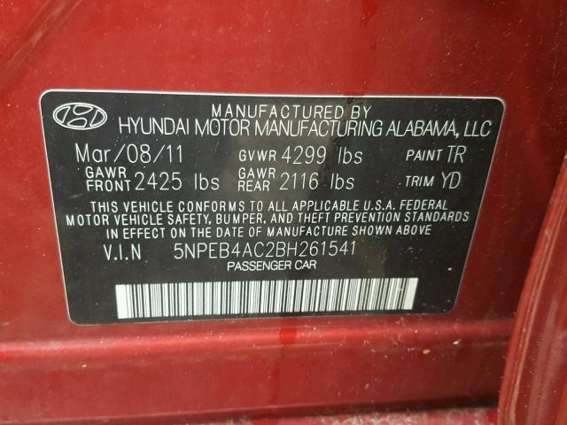 5NPEB4AC2BH261541 - 2011 HYUNDAI SONATA GLS RED photo 10