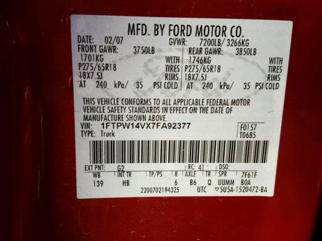 1FTPW14VX7FA92377 - 2007 FORD F150 SUPER RED photo 10