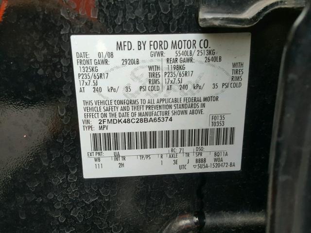 2FMDK48C28BA65374 - 2008 FORD EDGE BLACK photo 10