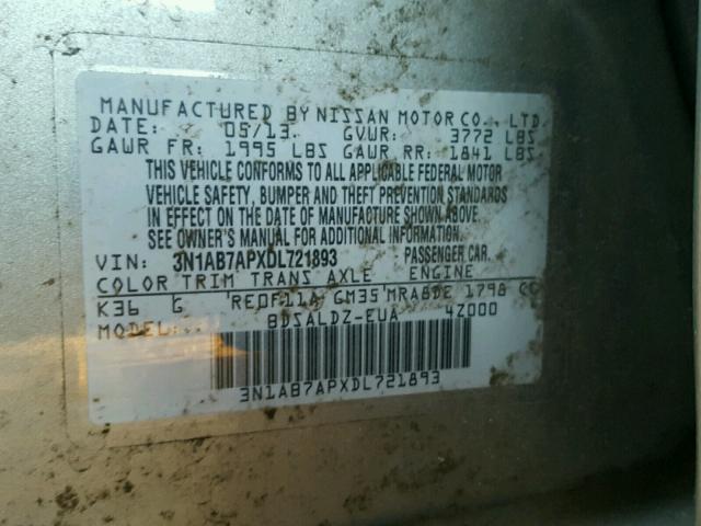 3N1AB7APXDL721893 - 2013 NISSAN SENTRA S GRAY photo 10